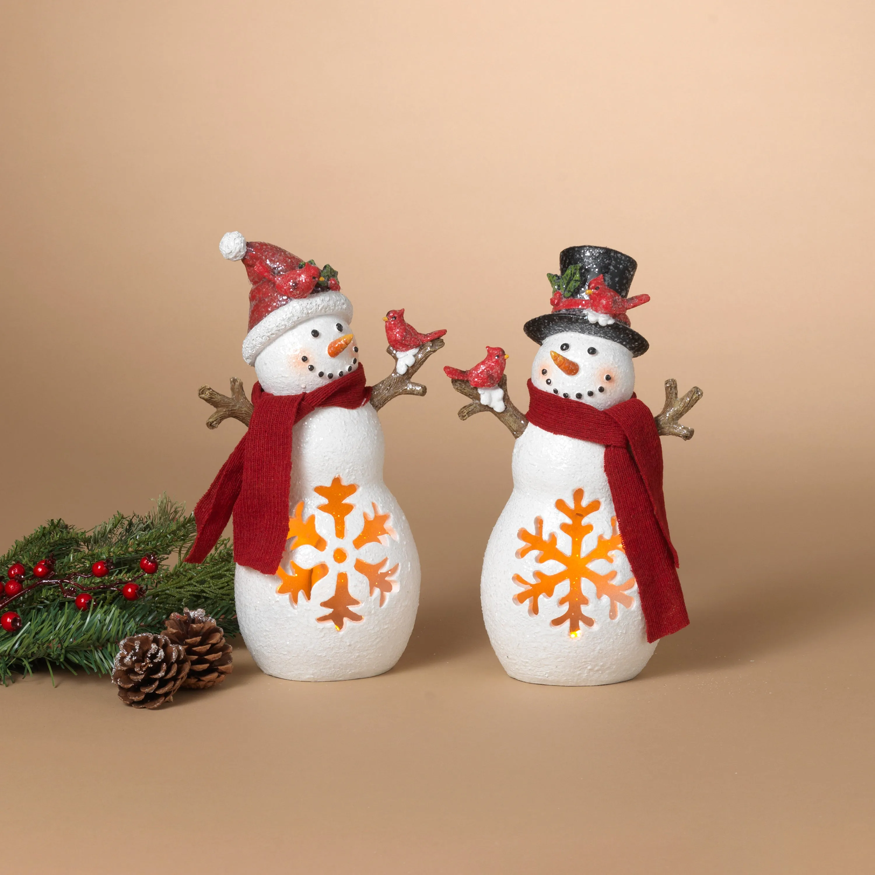 11.42 Inch High Battery Operated Lighted Resin Holiday Snowmen with Timer Set of 2