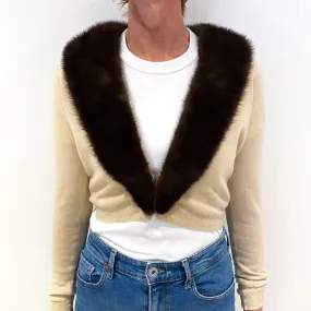 1940s Vintage Beige Cropped Cashmere Cardigan with Detachable Fur Collar Small