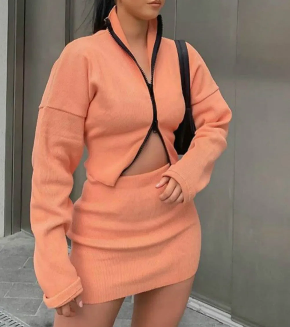 2pc set leisure suit women 2020 autumn new double zipper loose fit top coat mantel pencil dress