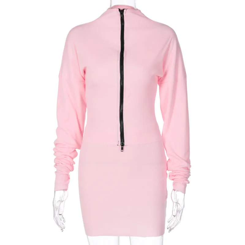 2pc set leisure suit women 2020 autumn new double zipper loose fit top coat mantel pencil dress