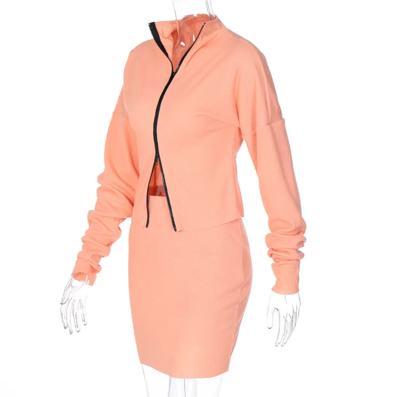 2pc set leisure suit women 2020 autumn new double zipper loose fit top coat mantel pencil dress