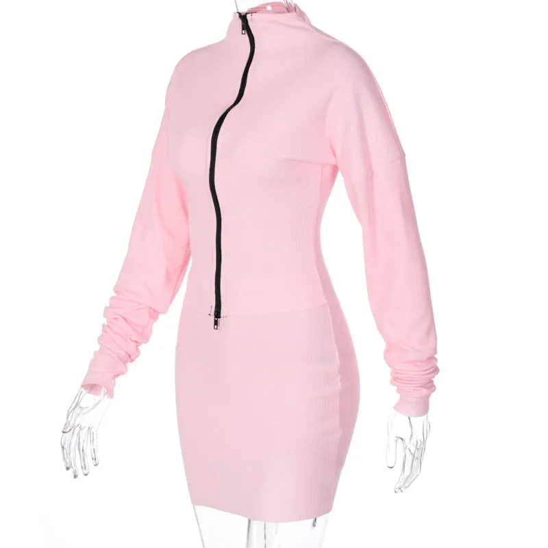 2pc set leisure suit women 2020 autumn new double zipper loose fit top coat mantel pencil dress