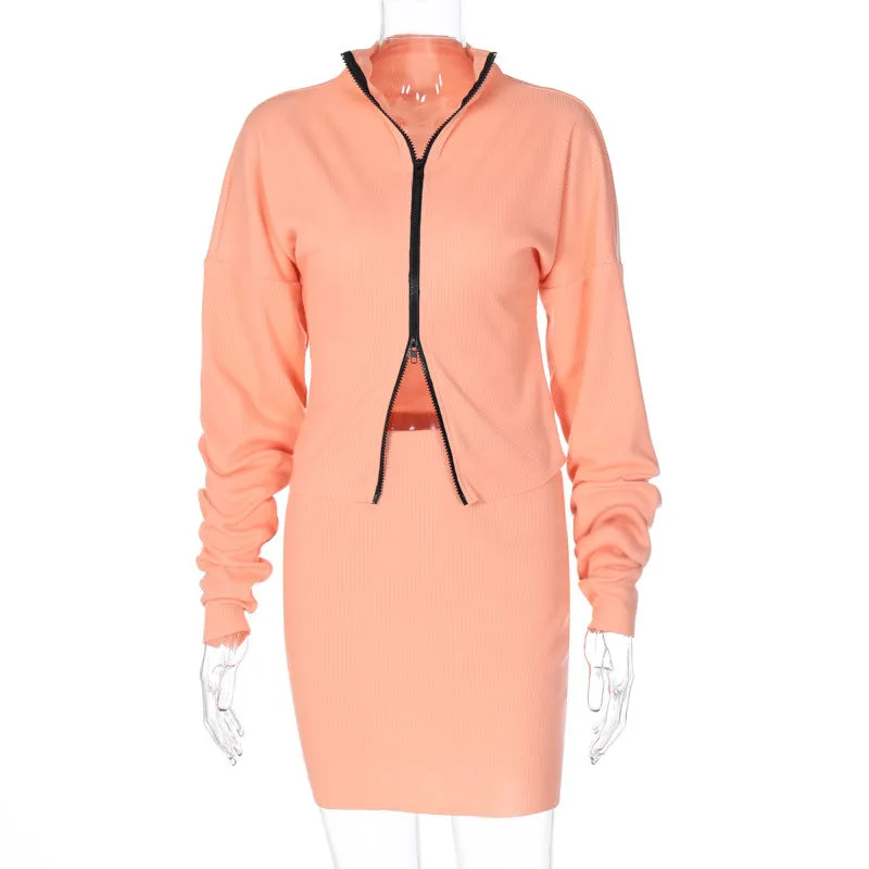 2pc set leisure suit women 2020 autumn new double zipper loose fit top coat mantel pencil dress