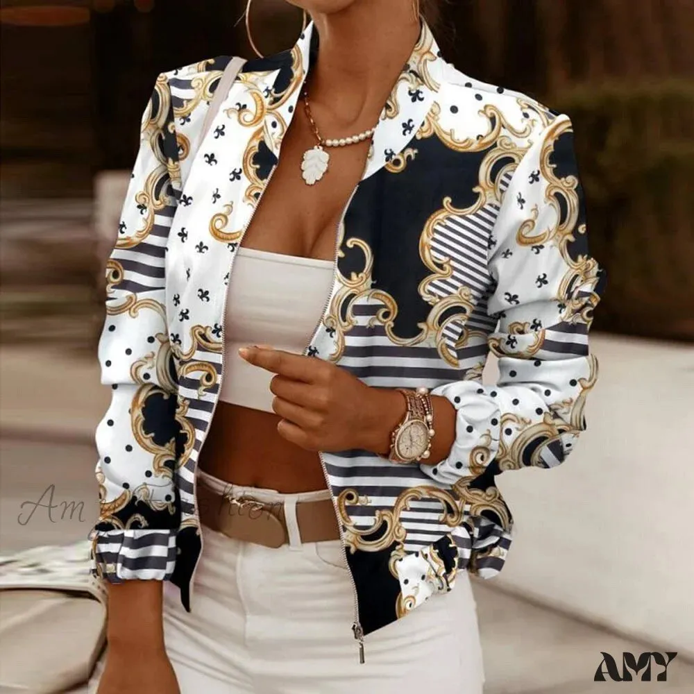 Amy Fashion - Flower Print Long Sleeve Bomber Jacket
