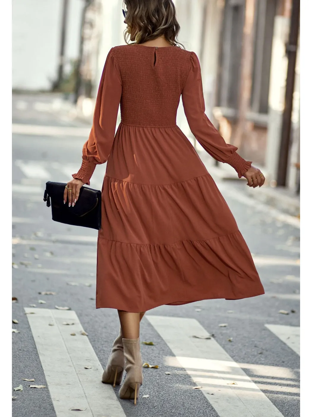 Anna-Kaci Women Casual Long Sleeve Crew Neck Smocked High Waist Tiered Flowy Midi Dress