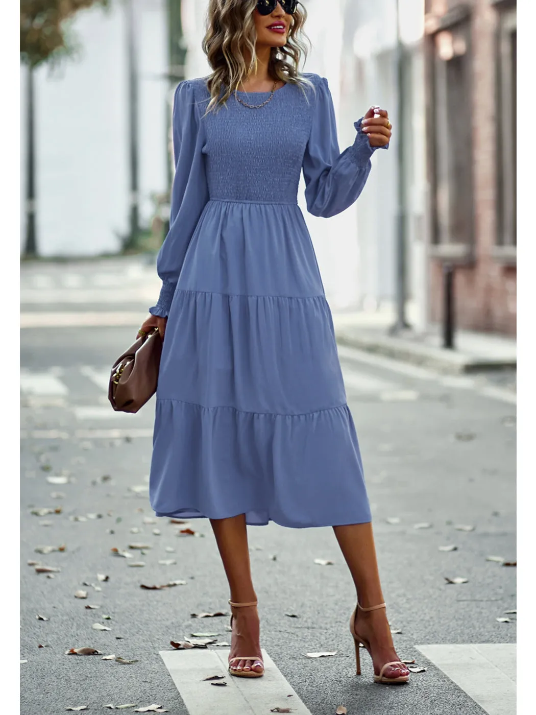 Anna-Kaci Women Casual Long Sleeve Crew Neck Smocked High Waist Tiered Flowy Midi Dress