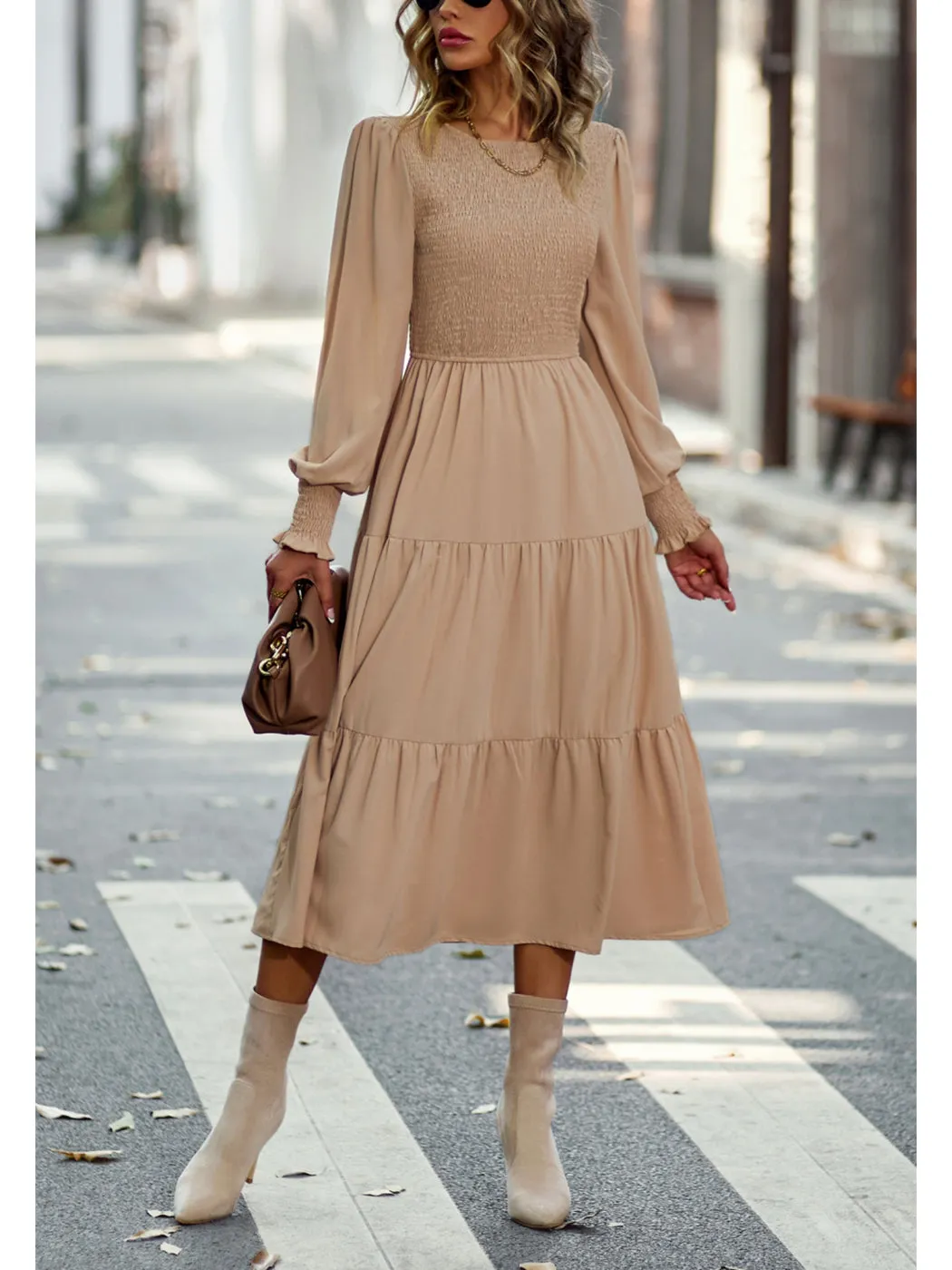 Anna-Kaci Women Casual Long Sleeve Crew Neck Smocked High Waist Tiered Flowy Midi Dress