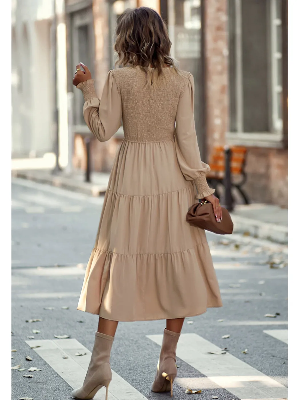 Anna-Kaci Women Casual Long Sleeve Crew Neck Smocked High Waist Tiered Flowy Midi Dress