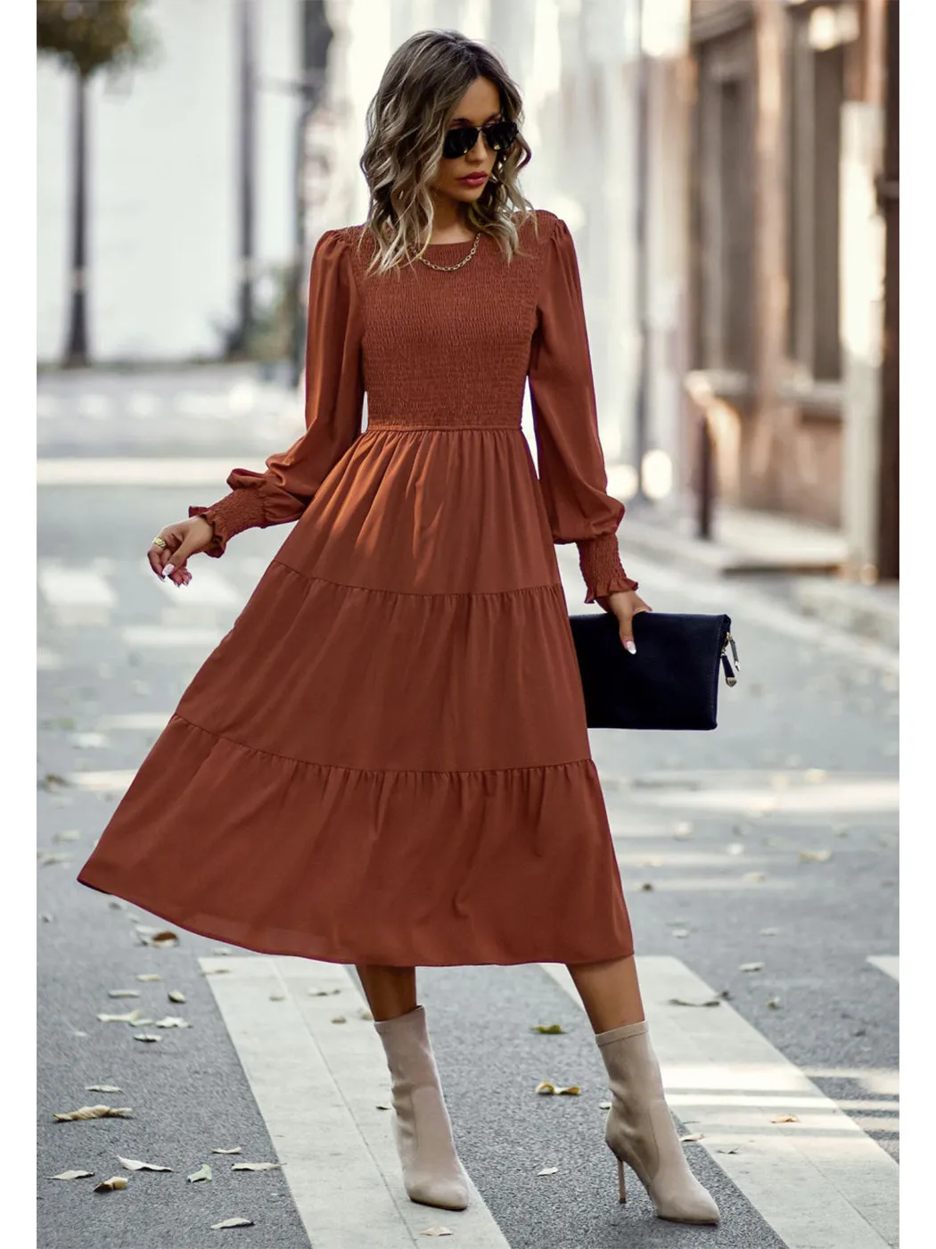 Anna-Kaci Women Casual Long Sleeve Crew Neck Smocked High Waist Tiered Flowy Midi Dress