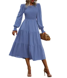 Anna-Kaci Women Casual Long Sleeve Crew Neck Smocked High Waist Tiered Flowy Midi Dress