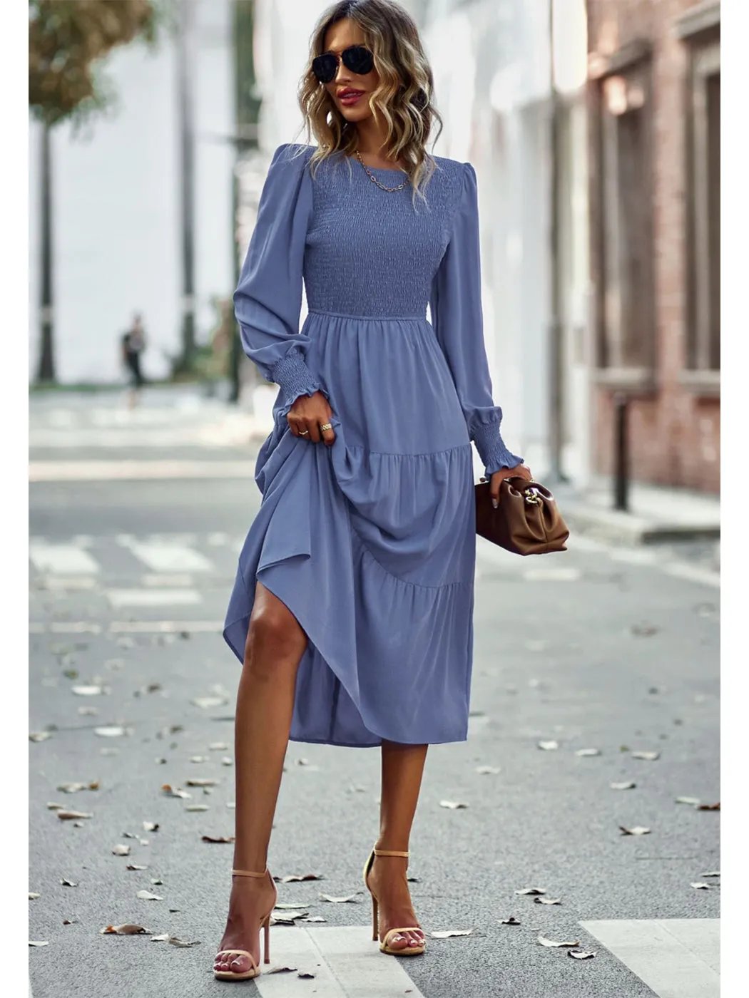Anna-Kaci Women Casual Long Sleeve Crew Neck Smocked High Waist Tiered Flowy Midi Dress