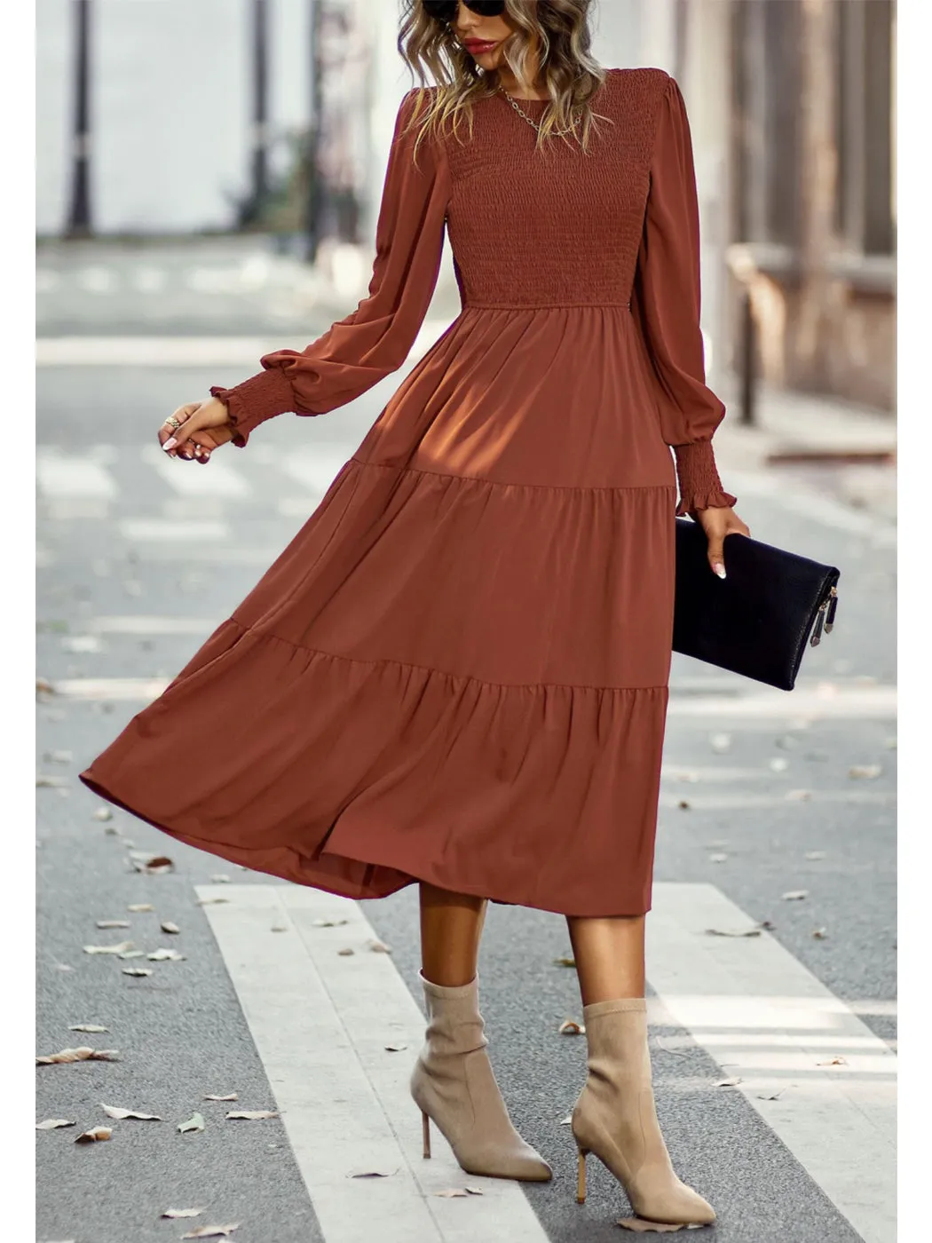 Anna-Kaci Women Casual Long Sleeve Crew Neck Smocked High Waist Tiered Flowy Midi Dress