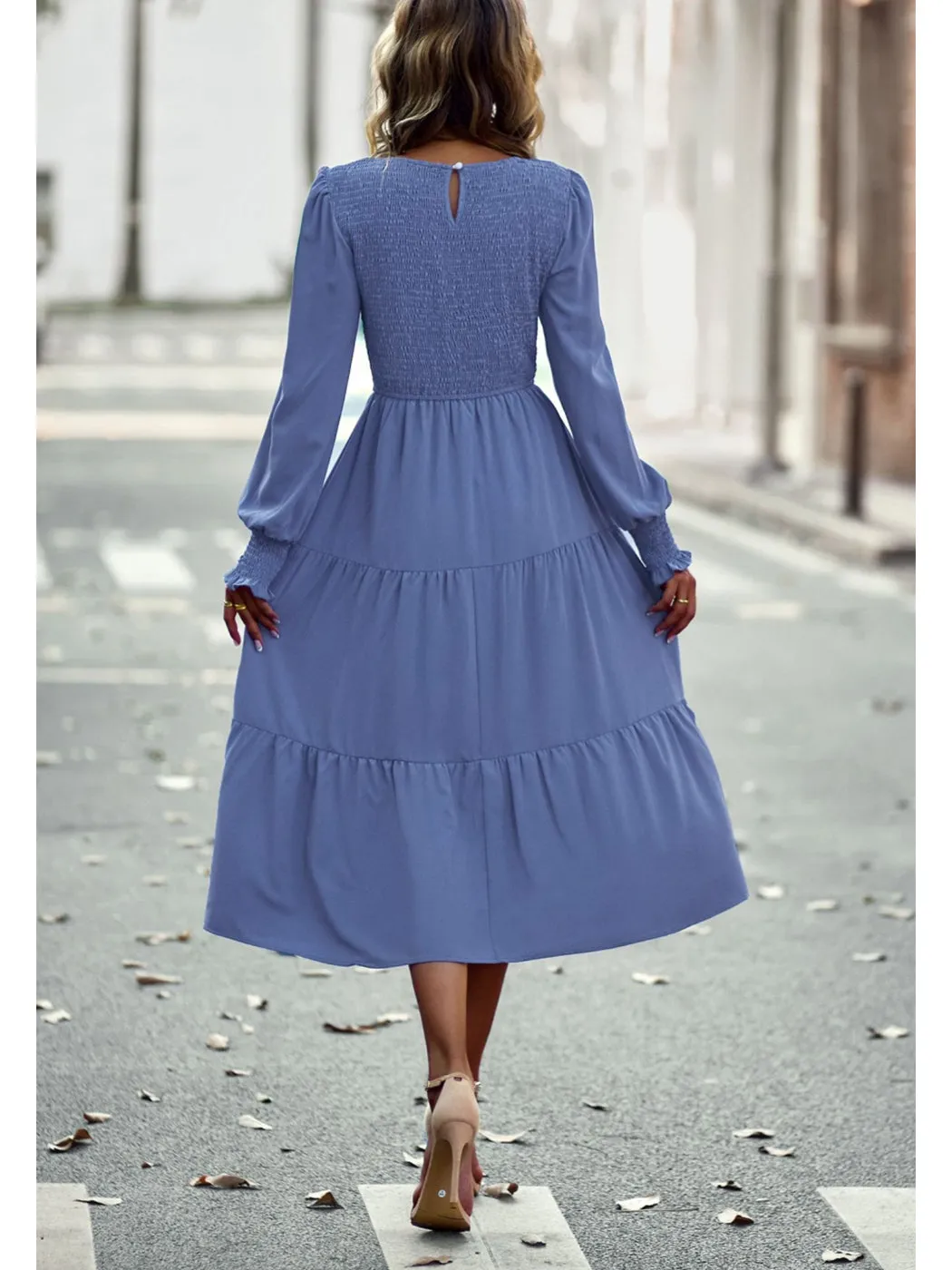 Anna-Kaci Women Casual Long Sleeve Crew Neck Smocked High Waist Tiered Flowy Midi Dress