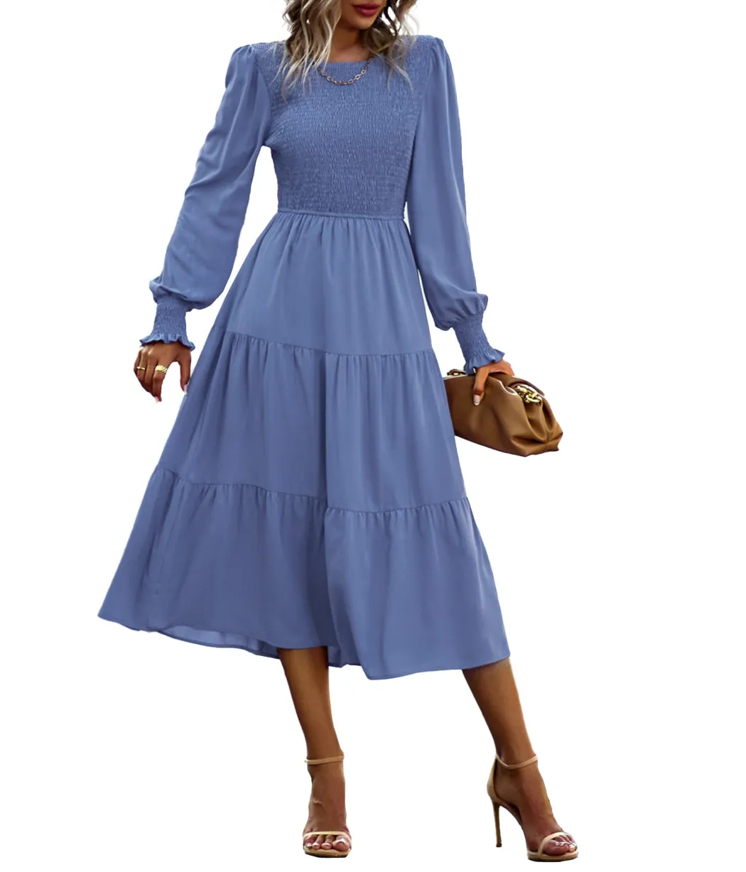 Anna-Kaci Women Casual Long Sleeve Crew Neck Smocked High Waist Tiered Flowy Midi Dress