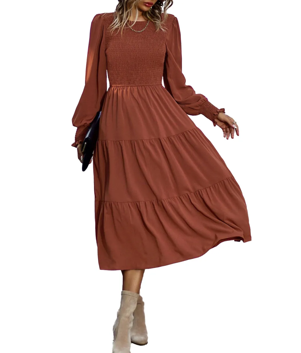 Anna-Kaci Women Casual Long Sleeve Crew Neck Smocked High Waist Tiered Flowy Midi Dress