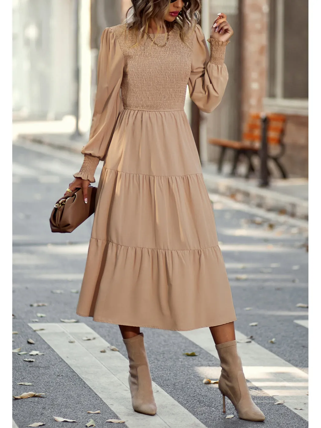 Anna-Kaci Women Casual Long Sleeve Crew Neck Smocked High Waist Tiered Flowy Midi Dress