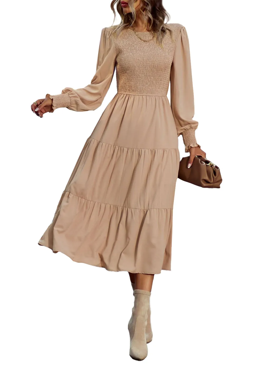 Anna-Kaci Women Casual Long Sleeve Crew Neck Smocked High Waist Tiered Flowy Midi Dress