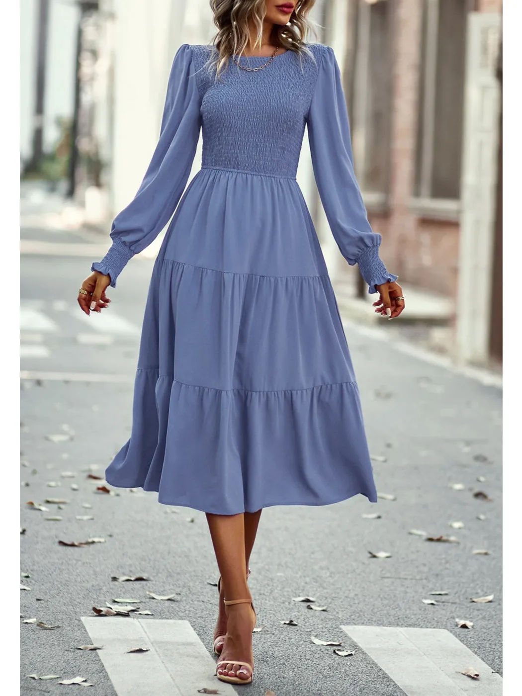 Anna-Kaci Women Casual Long Sleeve Crew Neck Smocked High Waist Tiered Flowy Midi Dress