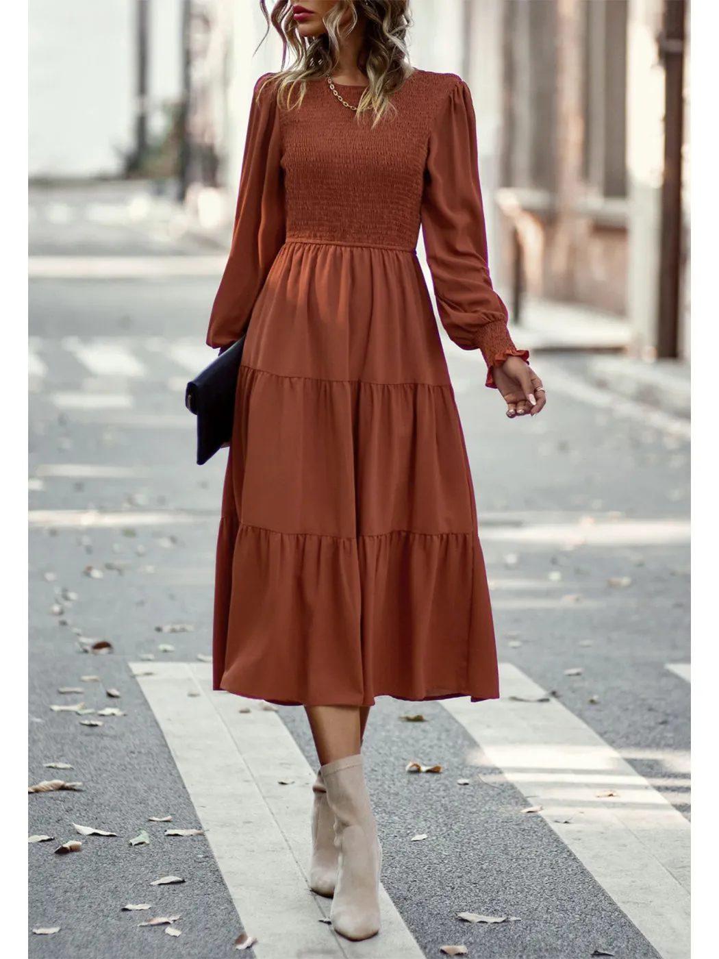 Anna-Kaci Women Casual Long Sleeve Crew Neck Smocked High Waist Tiered Flowy Midi Dress