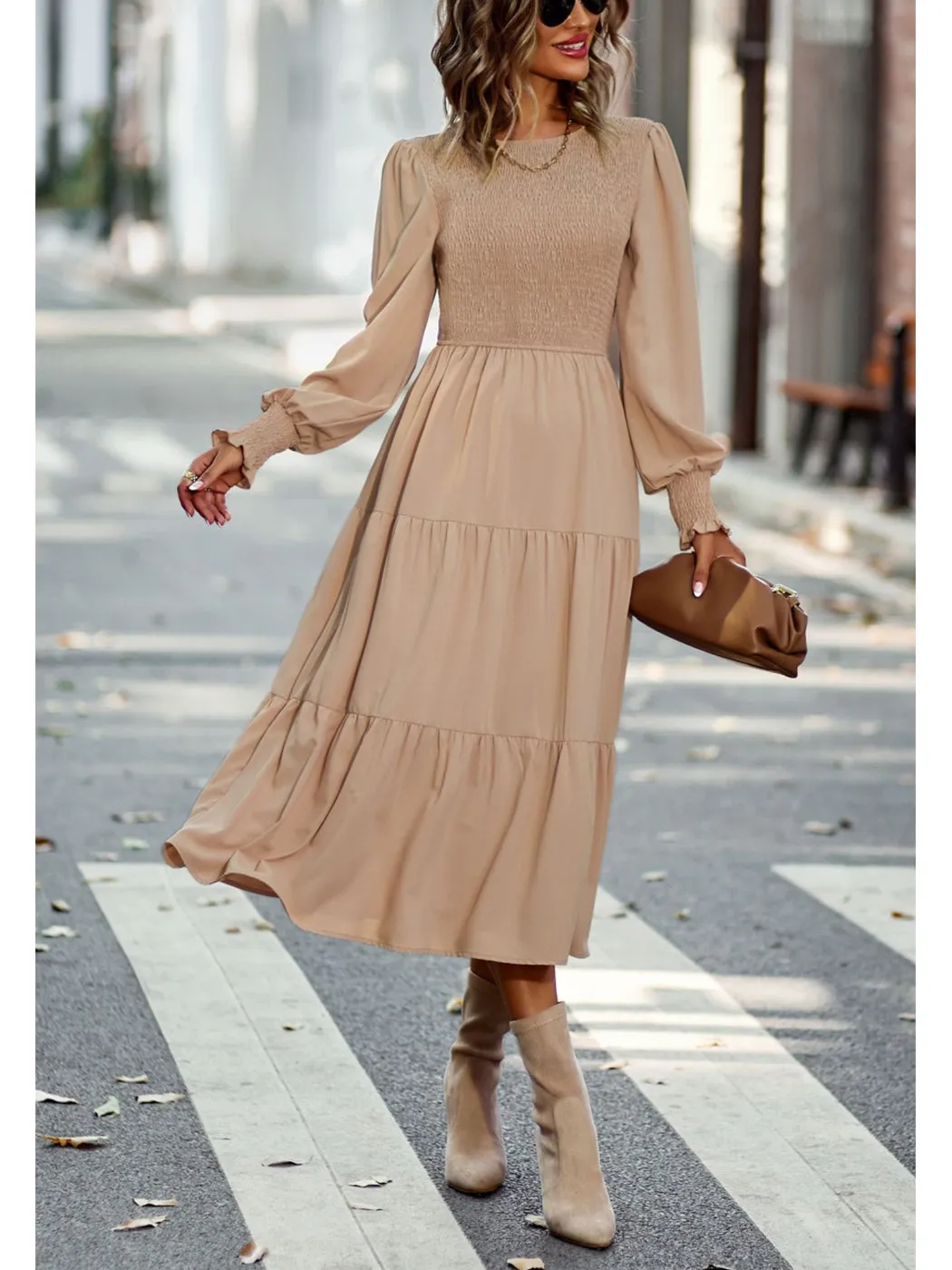 Anna-Kaci Women Casual Long Sleeve Crew Neck Smocked High Waist Tiered Flowy Midi Dress
