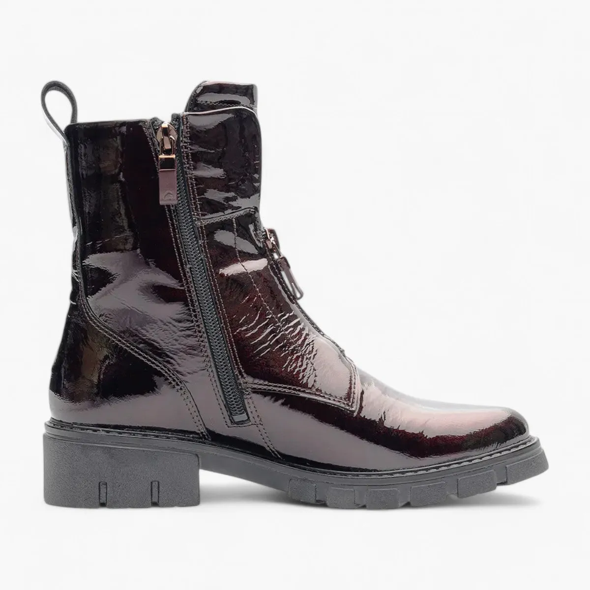 Ara Red Patent Boots with Front Zip, Pull Tab & Chunky Sole - Wide Fit, Comfort Focused