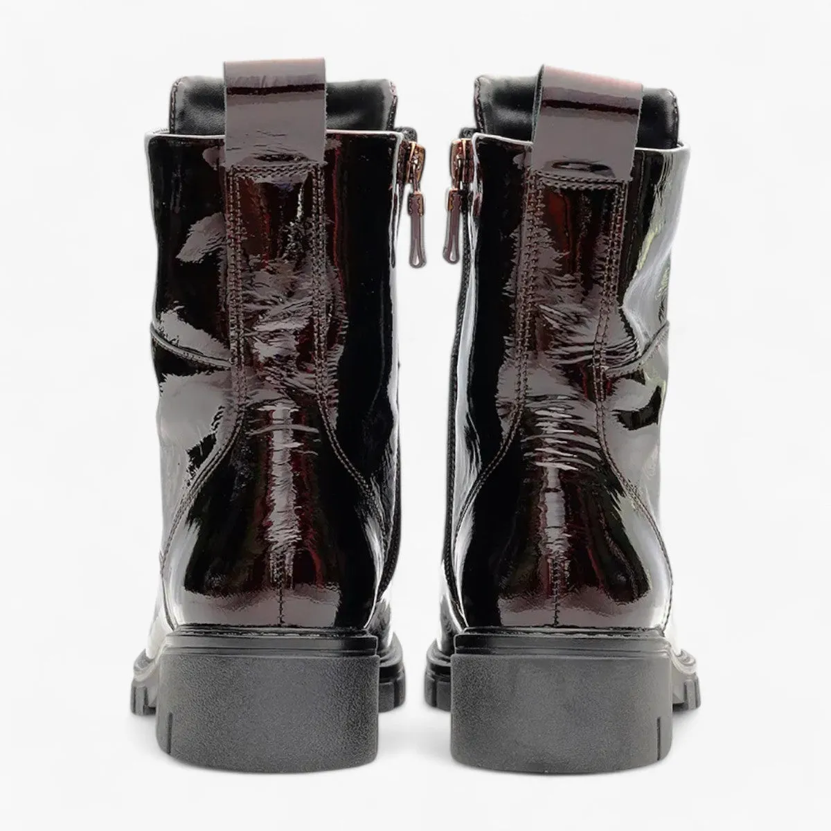 Ara Red Patent Boots with Front Zip, Pull Tab & Chunky Sole - Wide Fit, Comfort Focused