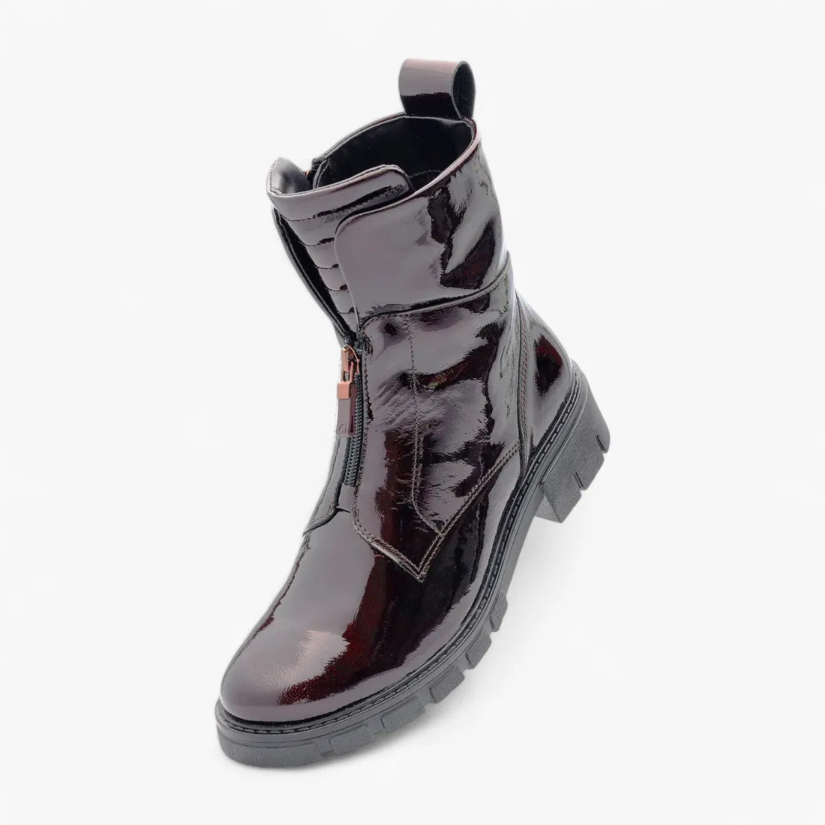 Ara Red Patent Boots with Front Zip, Pull Tab & Chunky Sole - Wide Fit, Comfort Focused