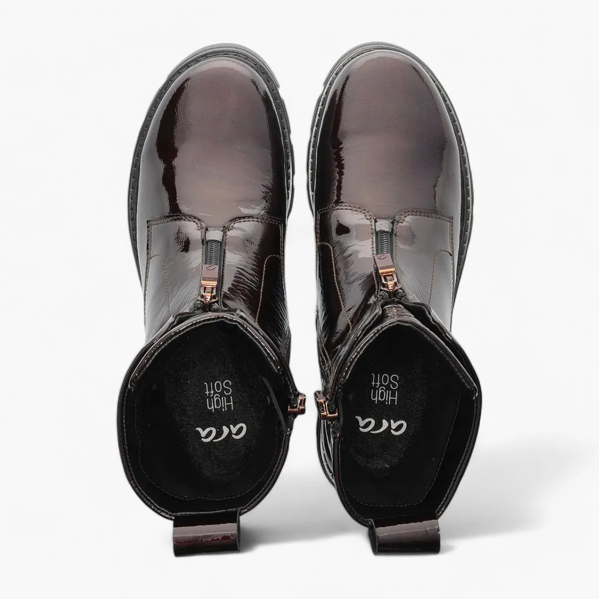 Ara Red Patent Boots with Front Zip, Pull Tab & Chunky Sole - Wide Fit, Comfort Focused