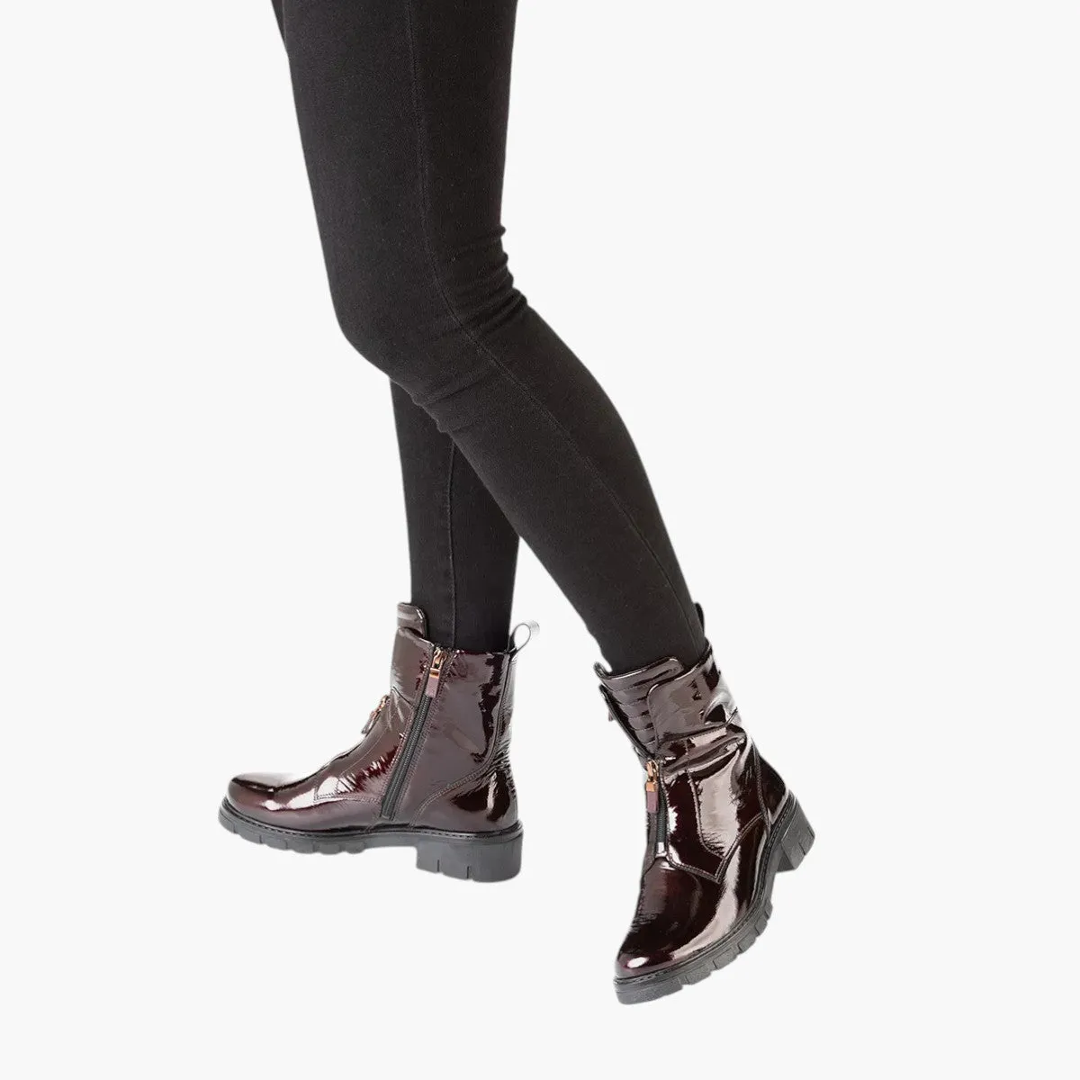 Ara Red Patent Boots with Front Zip, Pull Tab & Chunky Sole - Wide Fit, Comfort Focused