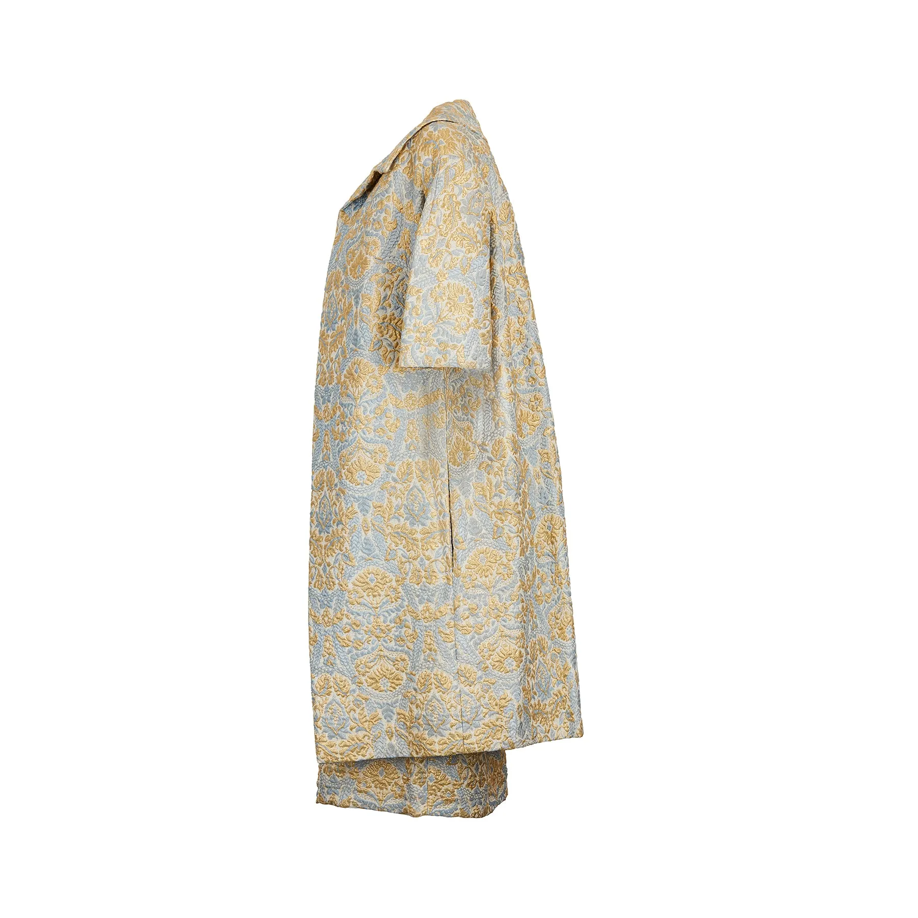 ARCHIVE: 1950s Jean Desses Blue and Gold Brocade Dress Suit