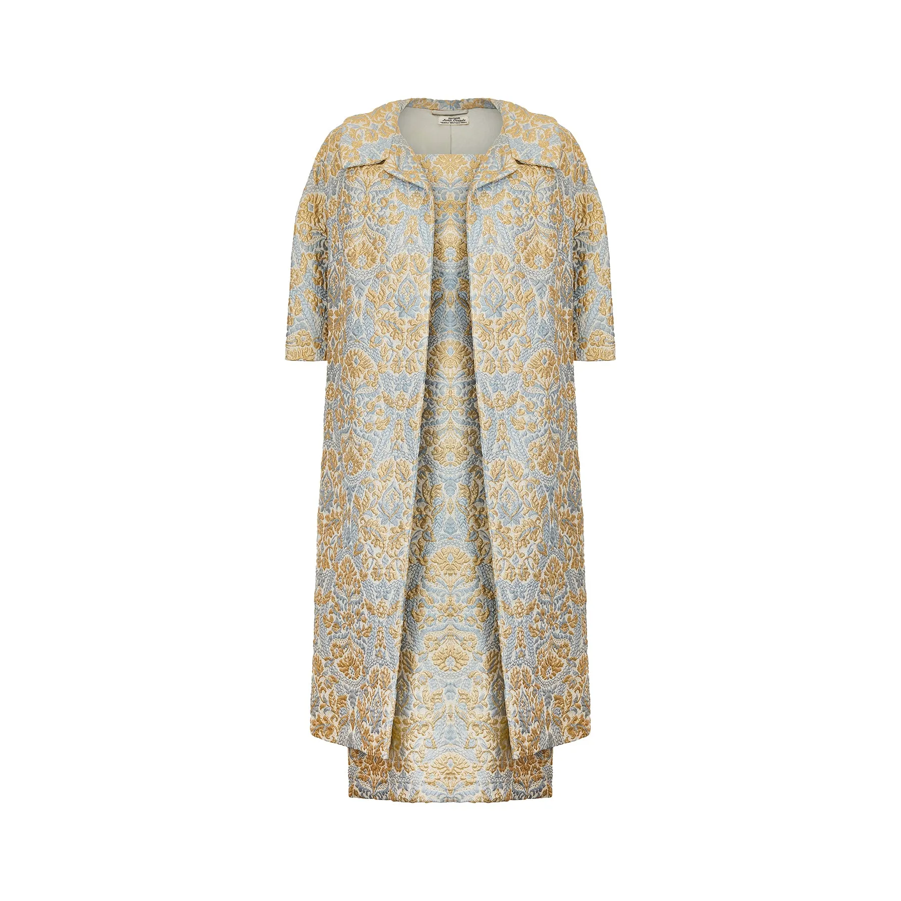 ARCHIVE: 1950s Jean Desses Blue and Gold Brocade Dress Suit