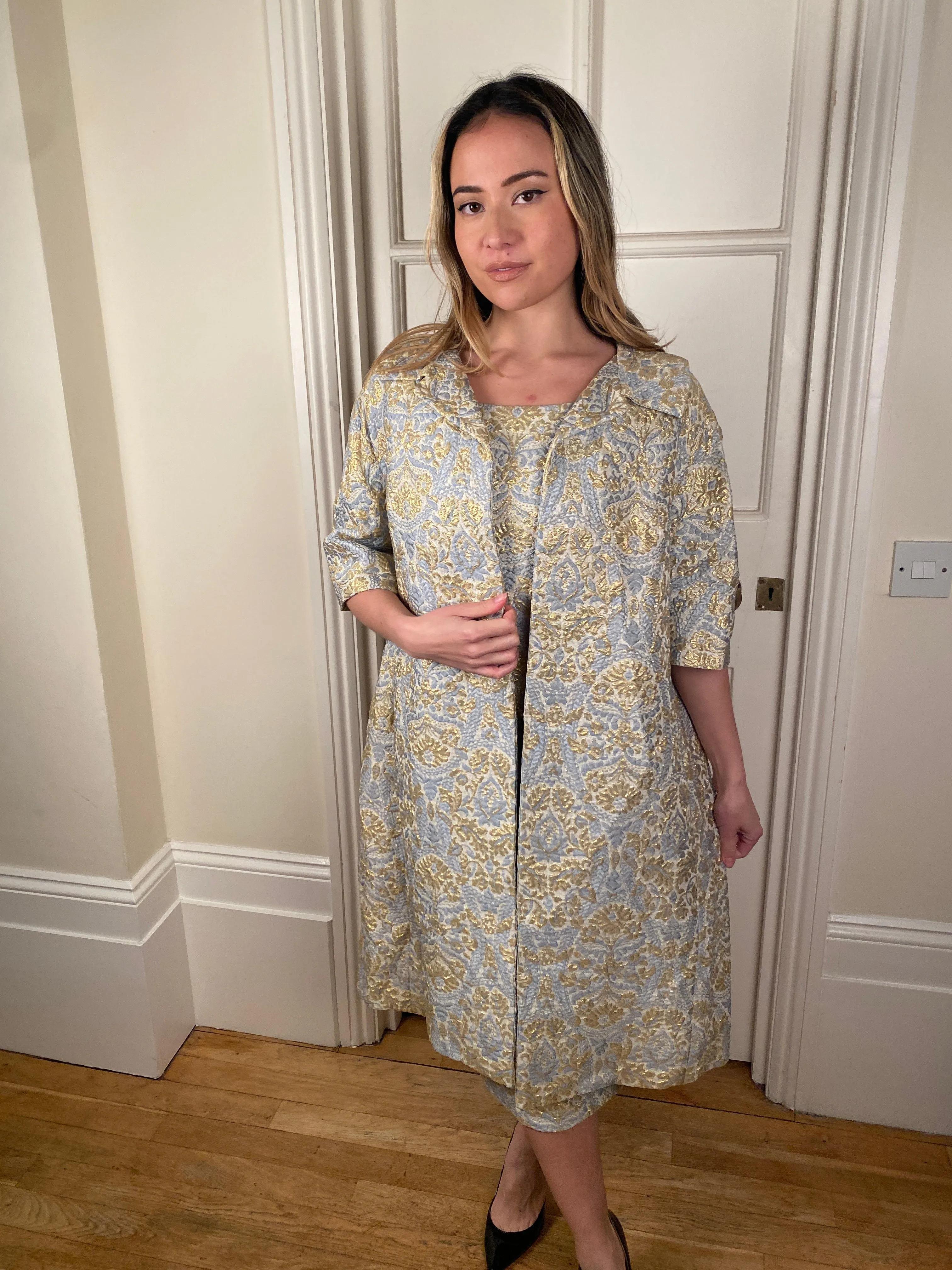 ARCHIVE: 1950s Jean Desses Blue and Gold Brocade Dress Suit