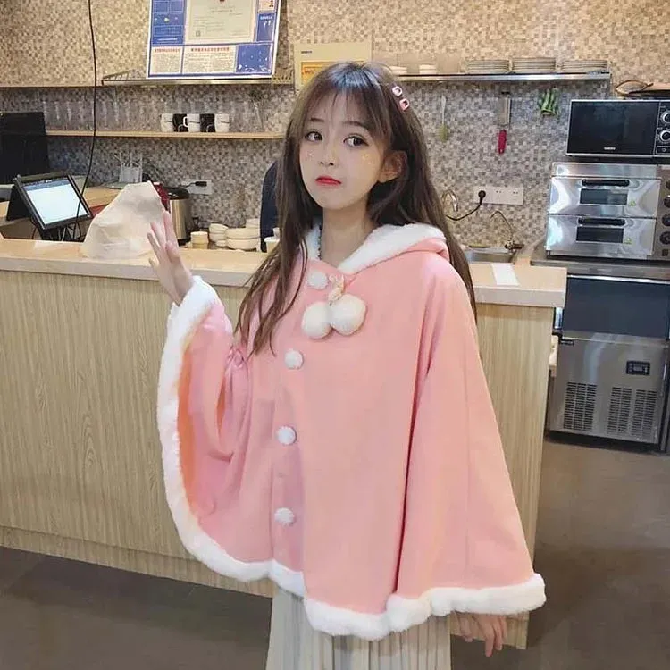 Bunny Ears Plush Pom Pom Drawstring Hoodie Cloak Coat