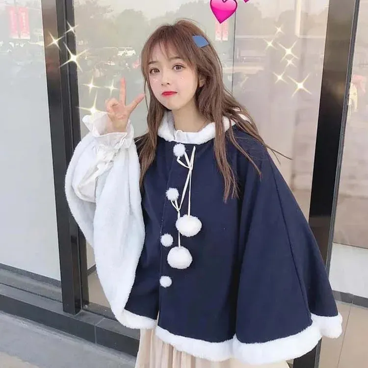 Bunny Ears Plush Pom Pom Drawstring Hoodie Cloak Coat