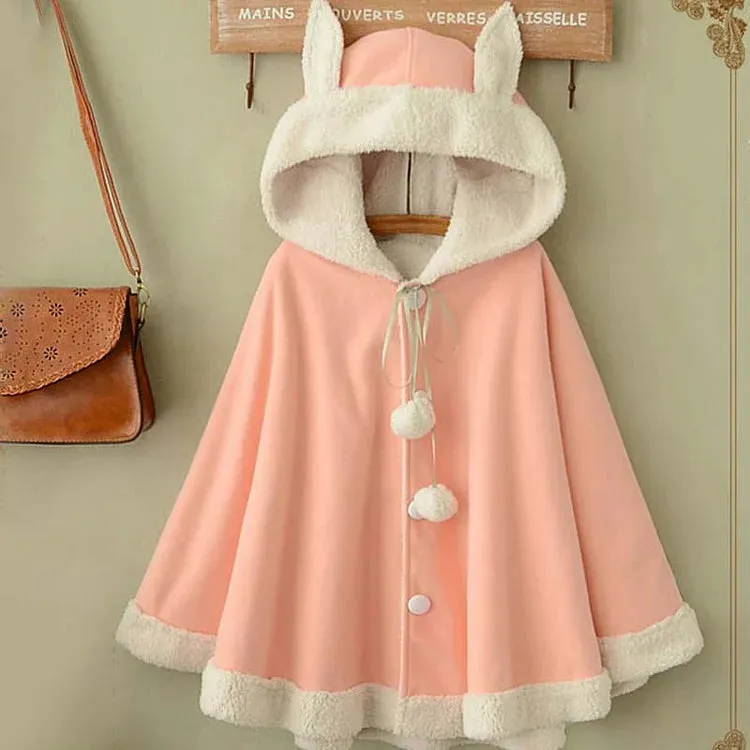 Bunny Ears Plush Pom Pom Drawstring Hoodie Cloak Coat