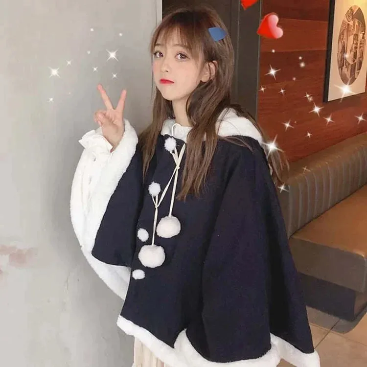 Bunny Ears Plush Pom Pom Drawstring Hoodie Cloak Coat