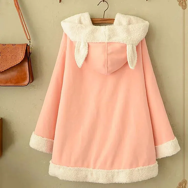 Bunny Ears Plush Pom Pom Drawstring Hoodie Cloak Coat