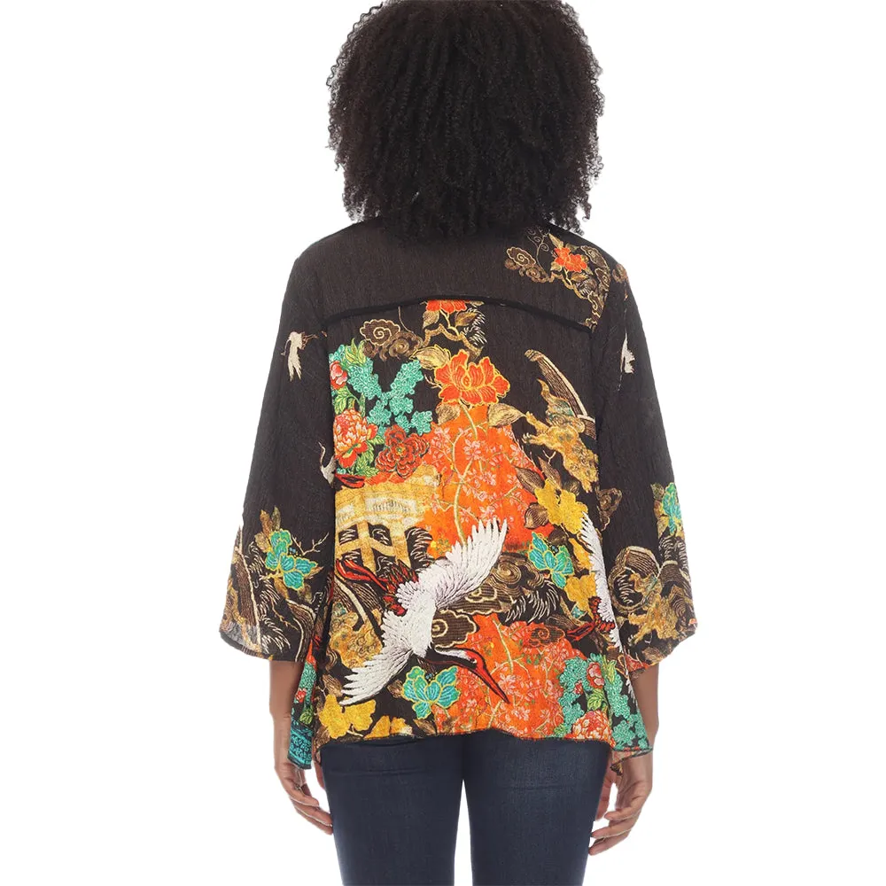 Citron Colorful Crane-Print Short Silk Jacket - 0804COB