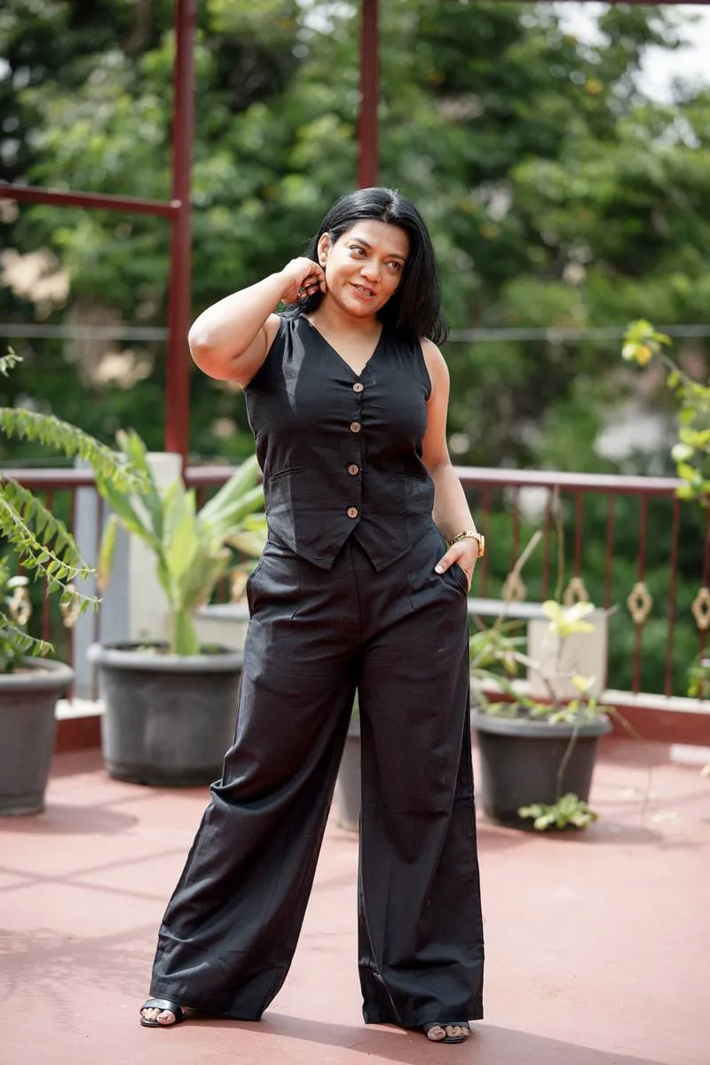 Co-Ord Set Black Handloom Waist Coat and Wide Leg Pants