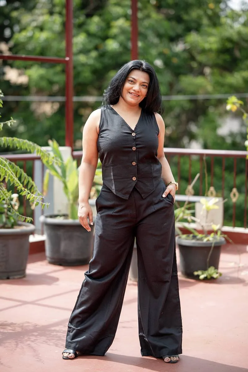 Co-Ord Set Black Handloom Waist Coat and Wide Leg Pants