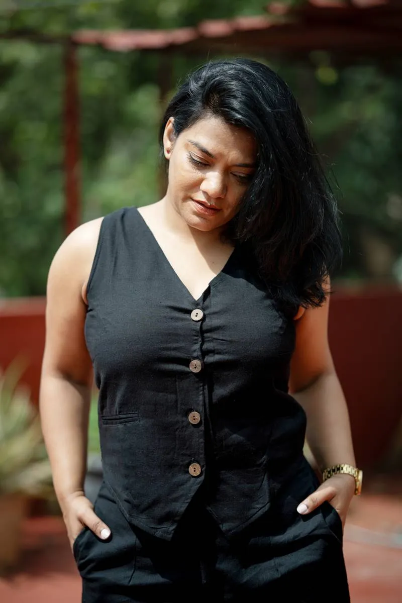 Co-Ord Set Black Handloom Waist Coat and Wide Leg Pants