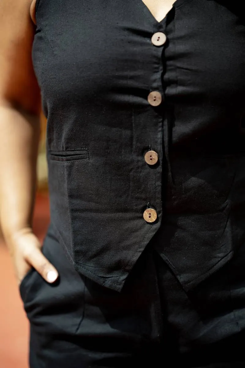 Co-Ord Set Black Handloom Waist Coat and Wide Leg Pants