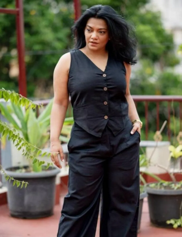 Co-Ord Set Black Handloom Waist Coat and Wide Leg Pants