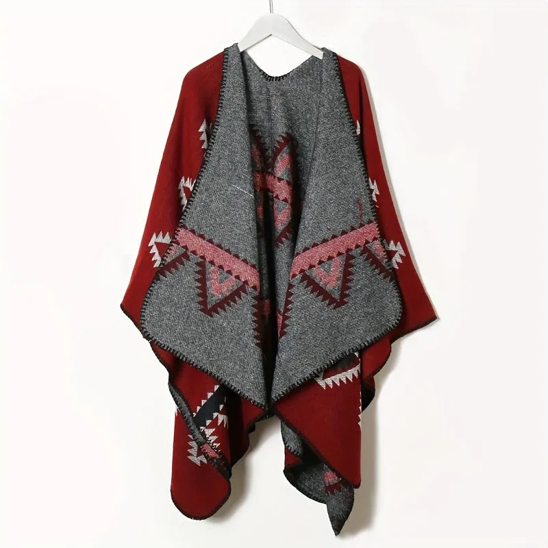 Cozy Oversized Plaid Print Blanket Shawl - Soft, Warm, Windproof, and Thick Cape with Classic Geometric Pattern for Outdoor Use - Perfect for Cold Weather, Camping, and Hiking