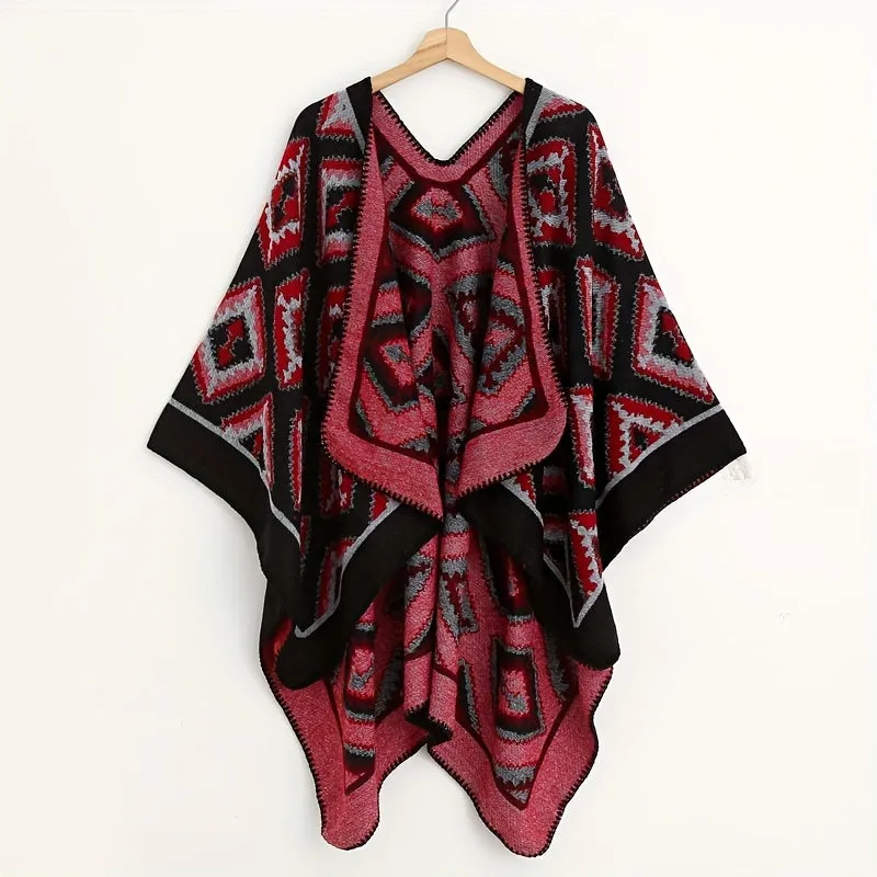 Cozy Oversized Plaid Print Blanket Shawl - Soft, Warm, Windproof, and Thick Cape with Classic Geometric Pattern for Outdoor Use - Perfect for Cold Weather, Camping, and Hiking