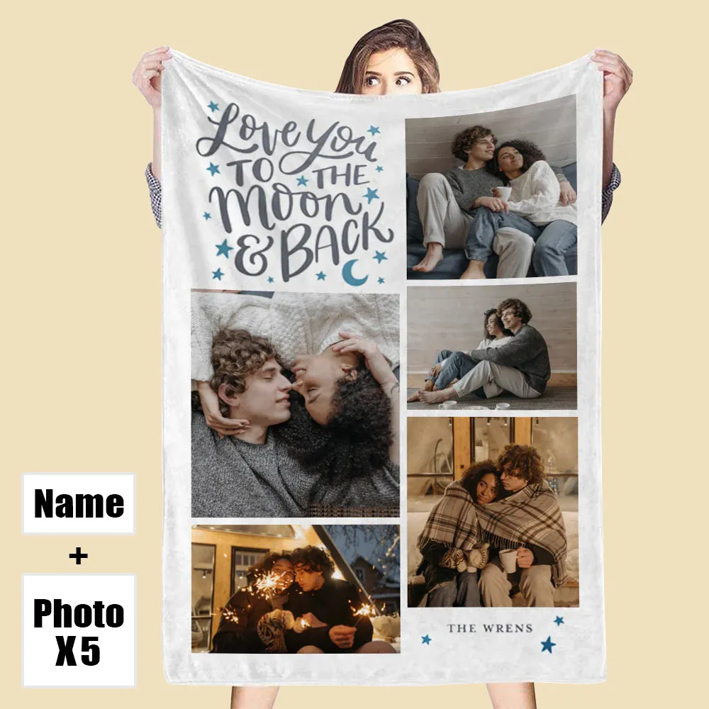 Custom 5 Photos&Text Fleece Blanket Love To The Moon