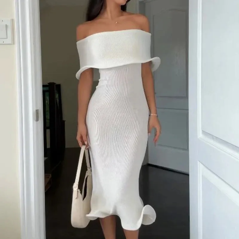 Elegant Princess One Shoulder Slim Party Dress Summer Sexy Solid Lotus Edge Mini Dress Women Shawl Sleeve Bodycon Tube Top Dress