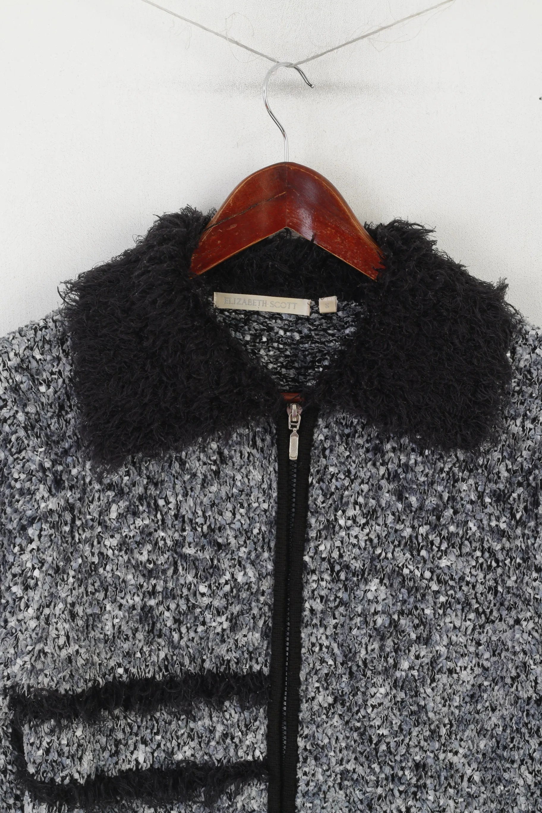Elizabeth Scott Women S Cardigan Gray Black Full Zipper Boho Fur Collar Sweater
