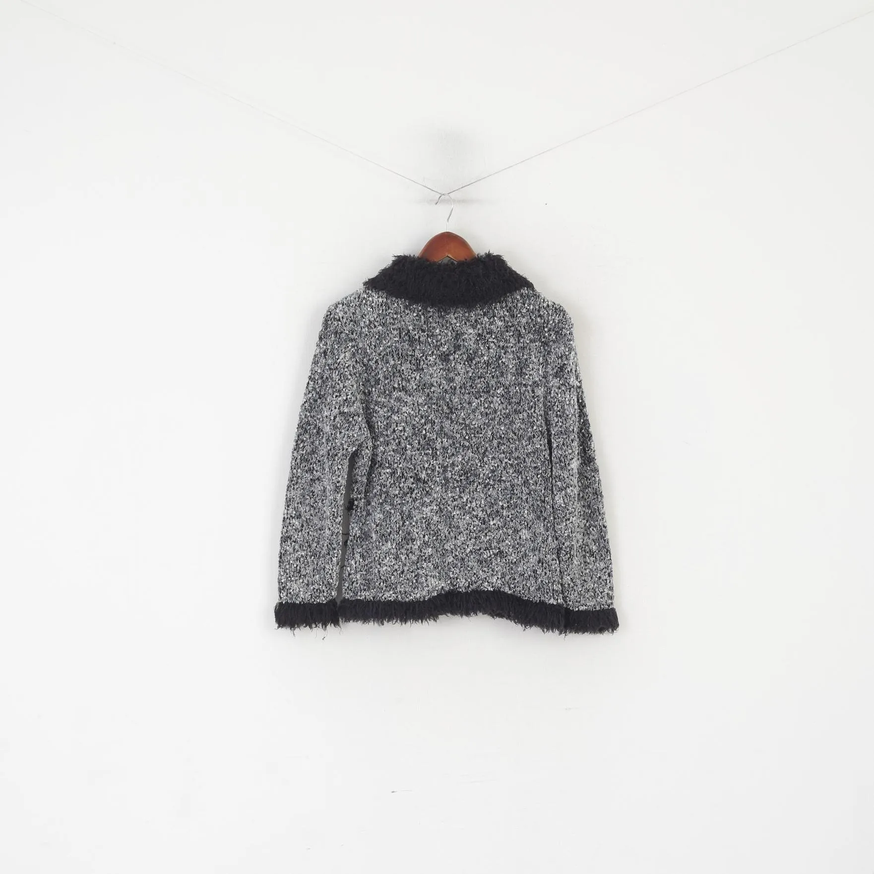 Elizabeth Scott Women S Cardigan Gray Black Full Zipper Boho Fur Collar Sweater