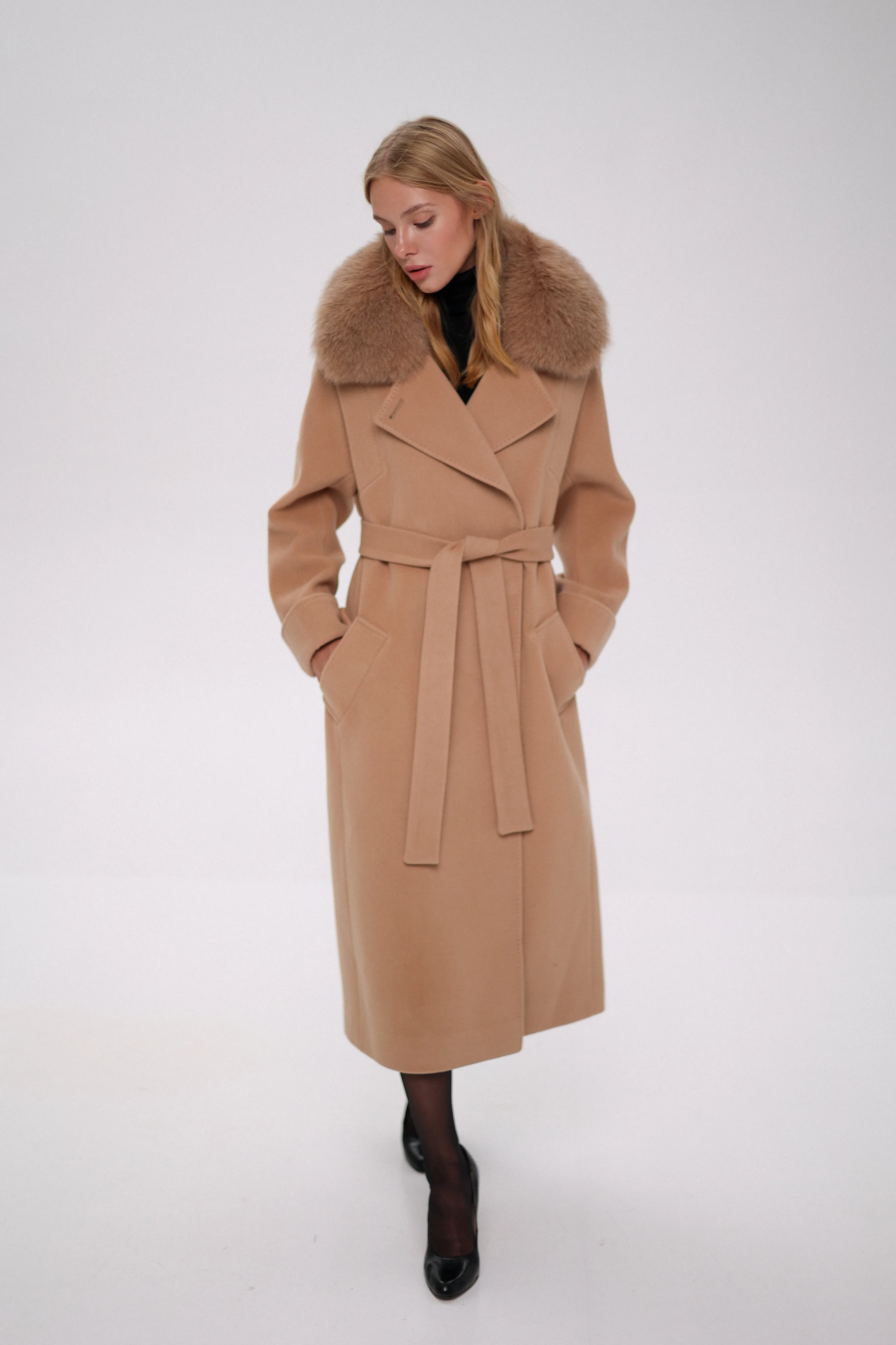 Florence Genuine Polar Fox Cashmere Wool Blend Overcoat